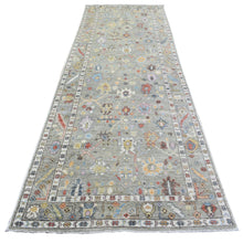 Load image into Gallery viewer, 4&#39;x11&#39;10&quot; Taupe Afghan Angora Oushak with Colorful Motifs Natural Dyes, Soft Wool Hand Knotted Runner Oriental Rug FWR437424