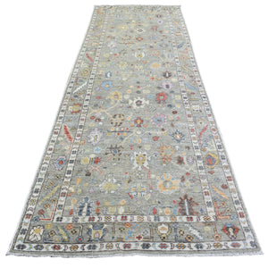 4'x11'10" Taupe Afghan Angora Oushak with Colorful Motifs Natural Dyes, Soft Wool Hand Knotted Runner Oriental Rug FWR437424