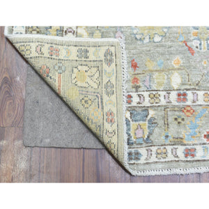 4'x11'10" Taupe Afghan Angora Oushak with Colorful Motifs Natural Dyes, Soft Wool Hand Knotted Runner Oriental Rug FWR437424