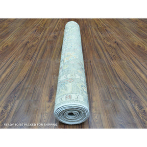 4'x11'10" Taupe Afghan Angora Oushak with Colorful Motifs Natural Dyes, Soft Wool Hand Knotted Runner Oriental Rug FWR437424