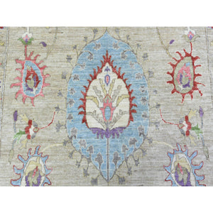 10'x13'10" Light Beige, Soft and Shiny Wool Hand Knotted, Fine Peshawar with Suzani Design, Natural Dyes Dense Weave, Oriental Rug FWR437574