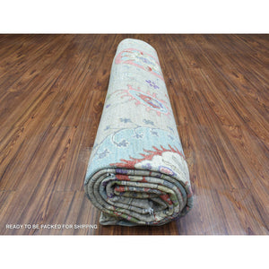 10'x13'10" Light Beige, Soft and Shiny Wool Hand Knotted, Fine Peshawar with Suzani Design, Natural Dyes Dense Weave, Oriental Rug FWR437574