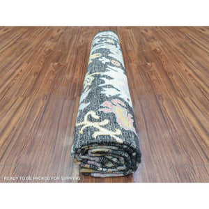 7'10"x7'10" Olive Black, Natural Dyes Soft Wool, Hand Knotted Afghan Angora Oushak With Pop Of Color, Square Oriental Rug FWR437712