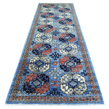 Load image into Gallery viewer, 4&#39;x11&#39;8&quot; Argentina Blue, Pure Wool Hand Knotted, Afghan Ersari with Elephant Feet Design, Soft and Lush Pile Natural Dyes, Wide Runner Oriental Rug FWR438096