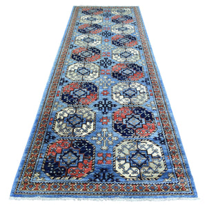4'x11'8" Argentina Blue, Pure Wool Hand Knotted, Afghan Ersari with Elephant Feet Design, Soft and Lush Pile Natural Dyes, Wide Runner Oriental Rug FWR438096