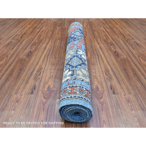 4'x11'8" Argentina Blue, Pure Wool Hand Knotted, Afghan Ersari with Elephant Feet Design, Soft and Lush Pile Natural Dyes, Wide Runner Oriental Rug FWR438096