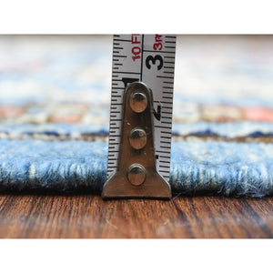 4'x11'8" Argentina Blue, Pure Wool Hand Knotted, Afghan Ersari with Elephant Feet Design, Soft and Lush Pile Natural Dyes, Wide Runner Oriental Rug FWR438096