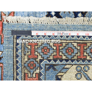 4'x11'8" Argentina Blue, Pure Wool Hand Knotted, Afghan Ersari with Elephant Feet Design, Soft and Lush Pile Natural Dyes, Wide Runner Oriental Rug FWR438096