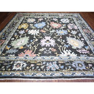 11'10"x11'10" Olive Black, Afghan Angora Oushak with Colorful Motifs Vegetable Dyes, Organic Wool Hand Knotted, Square Oriental Rug FWR438174