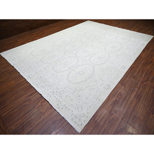 9'9"x13'9" Ivory, White Wash Peshawar With Repetitive Geometric Medallions, Soft Wool Hand Knotted, Oriental Rug FWR438672