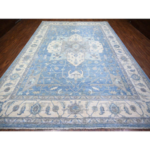 9'10"x14' Cerulean Blue, Vegetable Dyes Organic Wool, Hand Knotted Finer Peshawar With Heriz Medallion Design, Dense Weave, Oriental Rug FWR438774