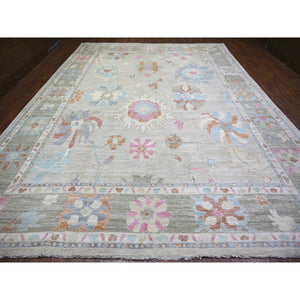11'10"x15'5" Light Gray, Vegetable Dyes Soft Wool, Hand Knotted Afghan Angora Oushak with All Over Motifs, Oversized Oriental Rug FWR438882