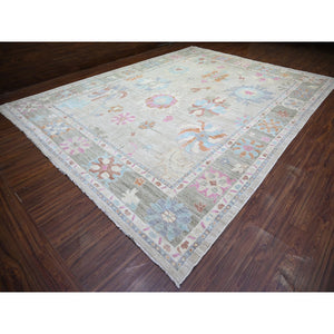 11'10"x15'5" Light Gray, Vegetable Dyes Soft Wool, Hand Knotted Afghan Angora Oushak with All Over Motifs, Oversized Oriental Rug FWR438882