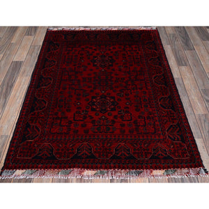 3'5"x4'9" Berry Red, Afghan Khamyab With Geometric Pattern, Soft And Velvety Wool, Hand Knotted, Vegetable Dyes, Oriental Rug FWR4386