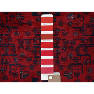 3'5"x4'9" Berry Red, Afghan Khamyab With Geometric Pattern, Soft And Velvety Wool, Hand Knotted, Vegetable Dyes, Oriental Rug FWR4386