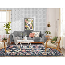 Load image into Gallery viewer, 6&#39;7&quot;x9&#39;5&quot; Charcoal Black, Afghan Angora Oushak With Pop Of Color, Geometric Leaf Design, Soft Wool, Hand Knotted, Vegetable Dyes, Oriental Rug FWR439632