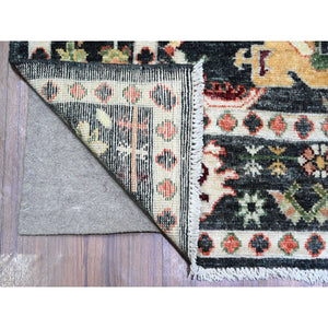 6'7"x9'5" Charcoal Black, Afghan Angora Oushak With Pop Of Color, Geometric Leaf Design, Soft Wool, Hand Knotted, Vegetable Dyes, Oriental Rug FWR439632