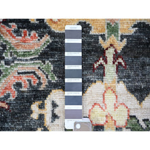 Load image into Gallery viewer, 6&#39;7&quot;x9&#39;5&quot; Charcoal Black, Afghan Angora Oushak With Pop Of Color, Geometric Leaf Design, Soft Wool, Hand Knotted, Vegetable Dyes, Oriental Rug FWR439632