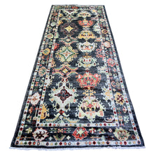 Load image into Gallery viewer, 4&#39;4&quot;x9&#39;6&quot; Charcoal Black, Afghan Angora Oushak with Pop of Color, Geometric Leaf Design, Vegetable Dyes, Soft Wool, Hand Knotted Wide Runner Oriental Rug FWR439770