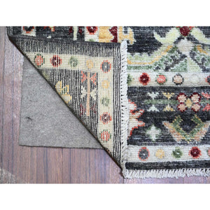 4'4"x9'6" Charcoal Black, Afghan Angora Oushak with Pop of Color, Geometric Leaf Design, Vegetable Dyes, Soft Wool, Hand Knotted Wide Runner Oriental Rug FWR439770