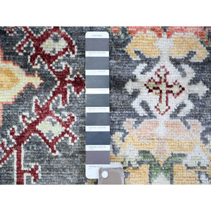 4'4"x9'6" Charcoal Black, Afghan Angora Oushak with Pop of Color, Geometric Leaf Design, Vegetable Dyes, Soft Wool, Hand Knotted Wide Runner Oriental Rug FWR439770