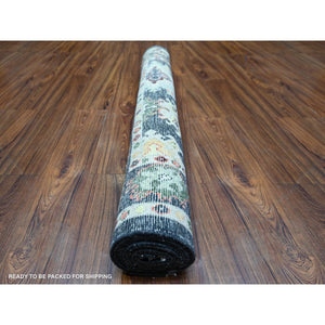 4'4"x9'6" Charcoal Black, Afghan Angora Oushak with Pop of Color, Geometric Leaf Design, Vegetable Dyes, Soft Wool, Hand Knotted Wide Runner Oriental Rug FWR439770