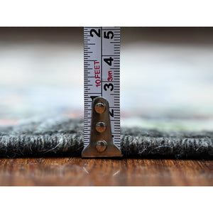 4'4"x9'6" Charcoal Black, Afghan Angora Oushak with Pop of Color, Geometric Leaf Design, Vegetable Dyes, Soft Wool, Hand Knotted Wide Runner Oriental Rug FWR439770