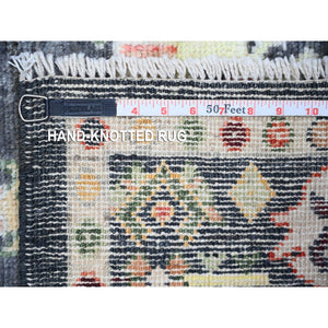 4'4"x9'6" Charcoal Black, Afghan Angora Oushak with Pop of Color, Geometric Leaf Design, Vegetable Dyes, Soft Wool, Hand Knotted Wide Runner Oriental Rug FWR439770