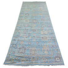 Load image into Gallery viewer, 4&#39;x10&#39;1&quot; Cerulean Blue, Hand Knotted, Afghan Angora Oushak with Branch and Flower Design, Vegetable Dyes, Pure Wool, Wide Runner Oriental Rug FWR439782