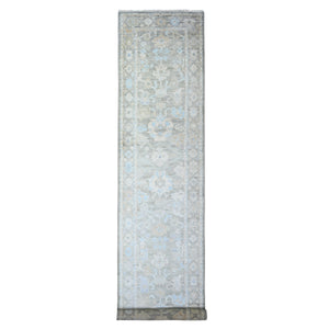 3'x15'9" Olive Gray, Hand Knotted Afghan Angora Oushak with All Over Motifs, Vegetable Dyes, Pure Wool, XL Runner Oriental Rug FWR439800