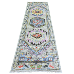 3'x9'7" Taupe, Vegetable Dyes, Soft Wool, Afghan Angora Oushak with Geometric Medallion Design, Hand Knotted, Runner Oriental Rug FWR439824
