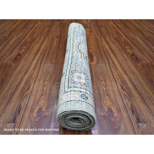 3'x9'7" Taupe, Vegetable Dyes, Soft Wool, Afghan Angora Oushak with Geometric Medallion Design, Hand Knotted, Runner Oriental Rug FWR439824