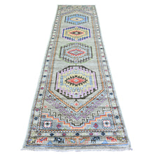 Load image into Gallery viewer, 3&#39;1&quot;x11&#39;9&quot; Taupe, Vegetable Dyes, Pure Wool, Hand Knotted Afghan Angora Oushak with Geometric Medallions Design, Wide Runner Oriental Rug FWR439878