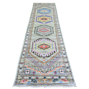 3'1"x11'9" Taupe, Vegetable Dyes, Pure Wool, Hand Knotted Afghan Angora Oushak with Geometric Medallions Design, Wide Runner Oriental Rug FWR439878
