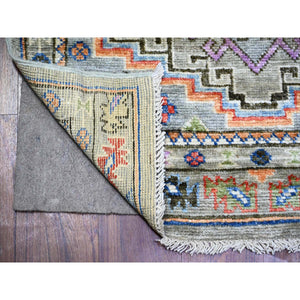 3'1"x11'9" Taupe, Vegetable Dyes, Pure Wool, Hand Knotted Afghan Angora Oushak with Geometric Medallions Design, Wide Runner Oriental Rug FWR439878