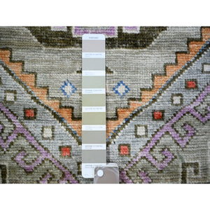 3'1"x11'9" Taupe, Vegetable Dyes, Pure Wool, Hand Knotted Afghan Angora Oushak with Geometric Medallions Design, Wide Runner Oriental Rug FWR439878