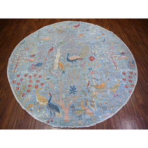 8'3"x8'3" Little Boy Blue, Afghan Peshawar With Birds Of Paradise Natural Dyes, Organic Wool Hand Knotted, Round Oriental Rug FWR439944