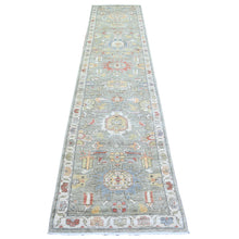 Load image into Gallery viewer, 2&#39;7&quot;x11&#39;9&quot; Echo Gray, Dense Weave Vegetable Dyes, Pure Wool Hand Knotted, Finer Peshawar with Heriz Medallion Design, Runner Oriental Rug FWR440466