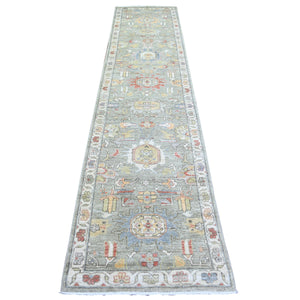 2'7"x11'9" Echo Gray, Dense Weave Vegetable Dyes, Pure Wool Hand Knotted, Finer Peshawar with Heriz Medallion Design, Runner Oriental Rug FWR440466