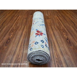 2'8"x9'6" Silver Gray, Natural Dyes Extra Soft Wool, Hand Knotted Afghan Peshawar With Birds Of Paradise, Runner Oriental Rug FWR440928