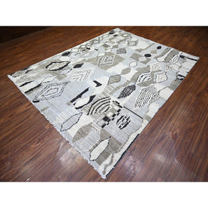 7'4"x9'6" Ivory, Natural Dyes Velvety Wool, Hand Knotted Beni Ourain Moroccan Berber Design, Oriental Rug FWR440952