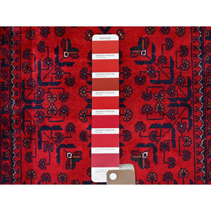 2'9"x5' Scarlet Red, Afghan Khamyab With Geometric Pattern, Hand Knotted, Soft And Velvety Wool, Oriental Rug FWR4404