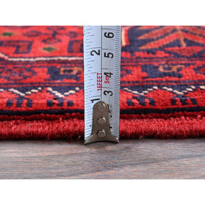 2'9"x5' Scarlet Red, Afghan Khamyab With Geometric Pattern, Hand Knotted, Soft And Velvety Wool, Oriental Rug FWR4404