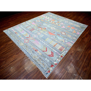 8'2"x9'8" Cadet Gray, Vegetable Dyes Soft Wool, Hand Knotted Beni Ourain Moroccan Berber Design, Oriental Rug FWR441162
