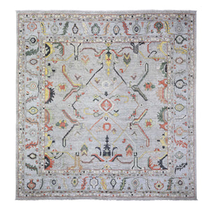 11'9"x11'9" Goose Gray, Afghan Angora Oushak with All Over Colorful Pattern Vegetable Dyes, Organic Wool Hand Knotted, Square Oriental Rug FWR441174