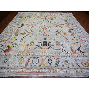 11'9"x11'9" Goose Gray, Afghan Angora Oushak with All Over Colorful Pattern Vegetable Dyes, Organic Wool Hand Knotted, Square Oriental Rug FWR441174