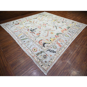 11'9"x11'9" Goose Gray, Afghan Angora Oushak with All Over Colorful Pattern Vegetable Dyes, Organic Wool Hand Knotted, Square Oriental Rug FWR441174