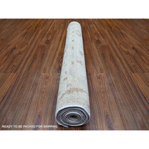 3'10"x9'8" Pastel Colors, Pure Wool Hand Knotted, Afghan Angora Oushak With Large Motifs Natural Dyes, Wide Runner Oriental Rug FWR441510