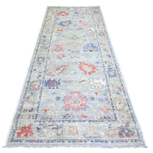 Load image into Gallery viewer, 4&#39;x10&#39; Cadet Gray, Afghan Angora Oushak with Colorful Motifs Natural Dyes, Pure Wool Hand Knotted, Wide Runner Oriental Rug FWR441582
