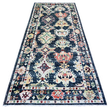 Load image into Gallery viewer, 4&#39;2&quot;x9&#39;6&quot; Gunmetal Black, Afghan Angora Oushak with Colorful Motifs Natural Dyes, Soft Wool Hand Knotted, Wide Runner Oriental Rug FWR441588